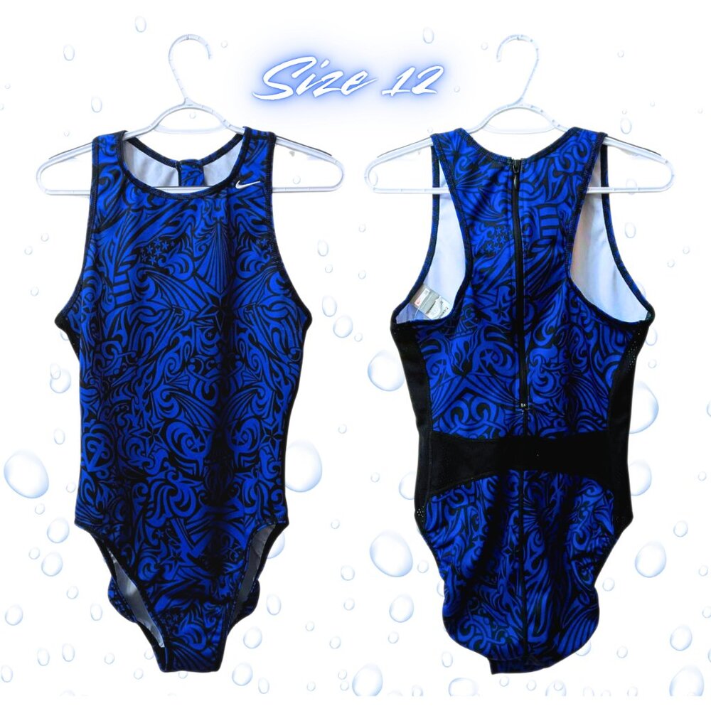 Nike One Piece Swimsuit Size 12 Blue Black Racerback Zip Athletic Bathing Suit